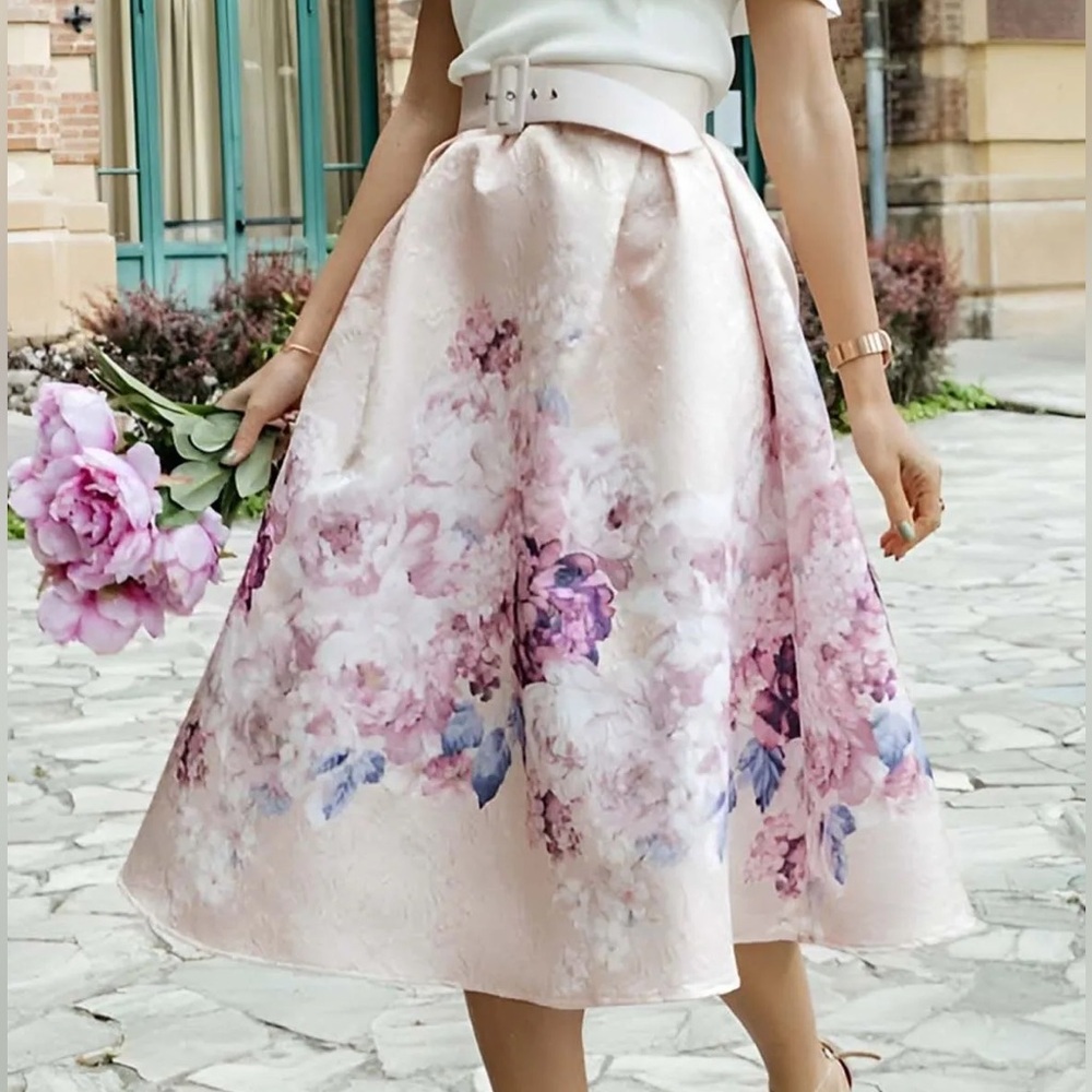 Chicwish Lavender Pink Peony Print Floral Embossed A-line Midi Skirt M
